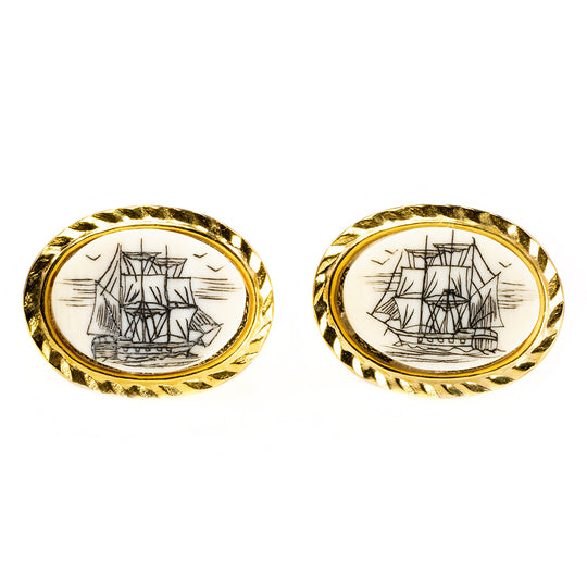Antique Scrimshaw Drawing Cufflink and Tie Pin Set