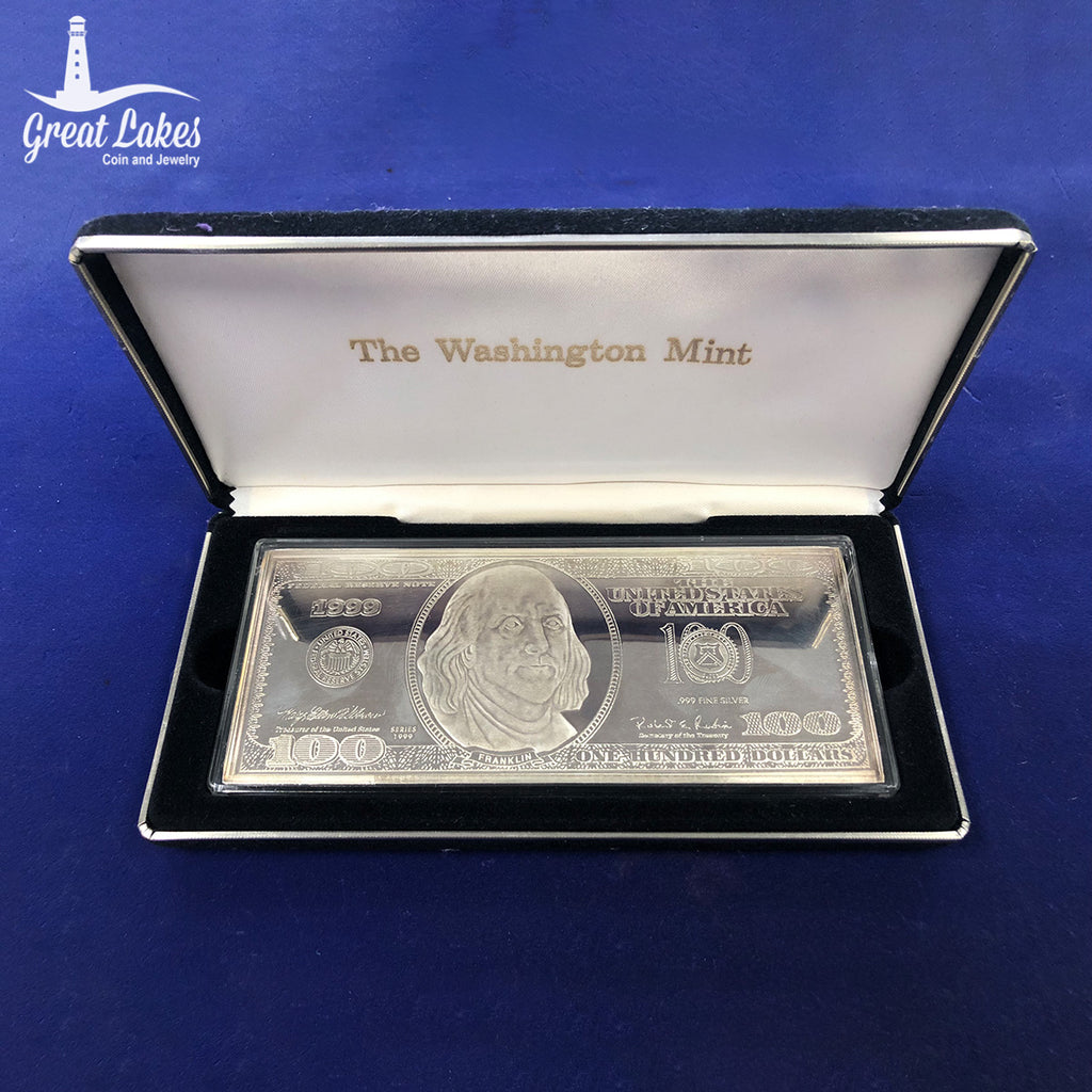 1999 Washington Mint 4 oz Silver Franklin $100 Bill (With Box