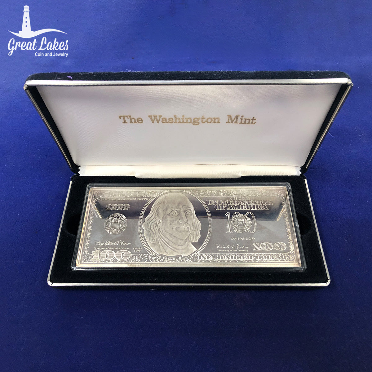 1999 Washington Mint 4 oz Silver Franklin $100 Bill (With Box)