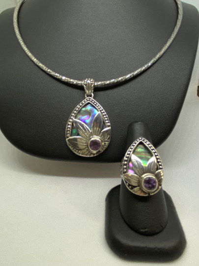 Milor Strling Silver Mother of Pearl and Ablone Necklace and Ring Set