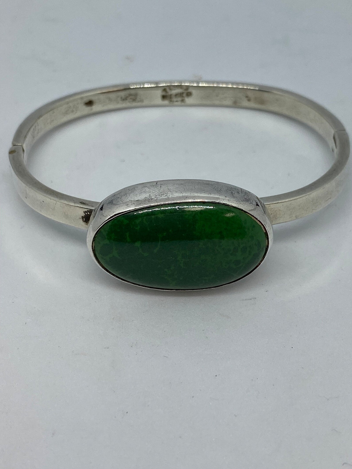 Green Stone Glass And Sterling Silver Bangle