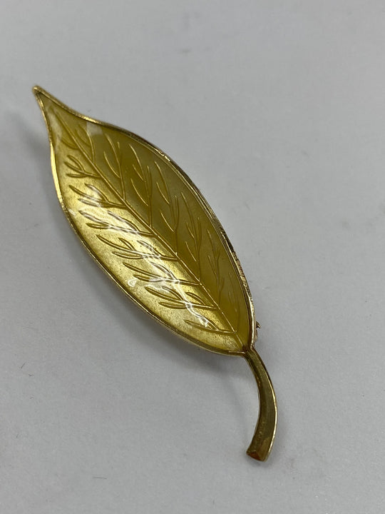 Gold Tone Over Sterling Meka Denmark Enamel Leaf Brooch