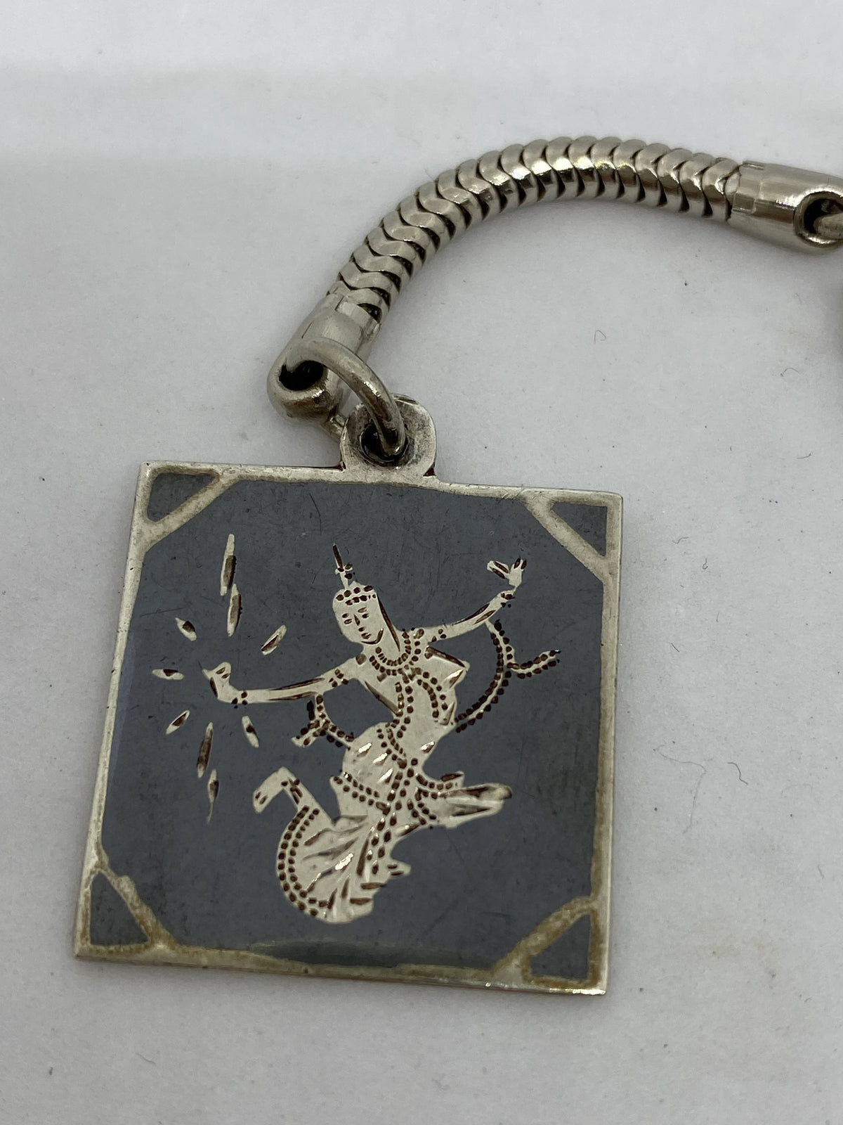 Vintage Sterling Silver And Black Enamel Siam Keychain