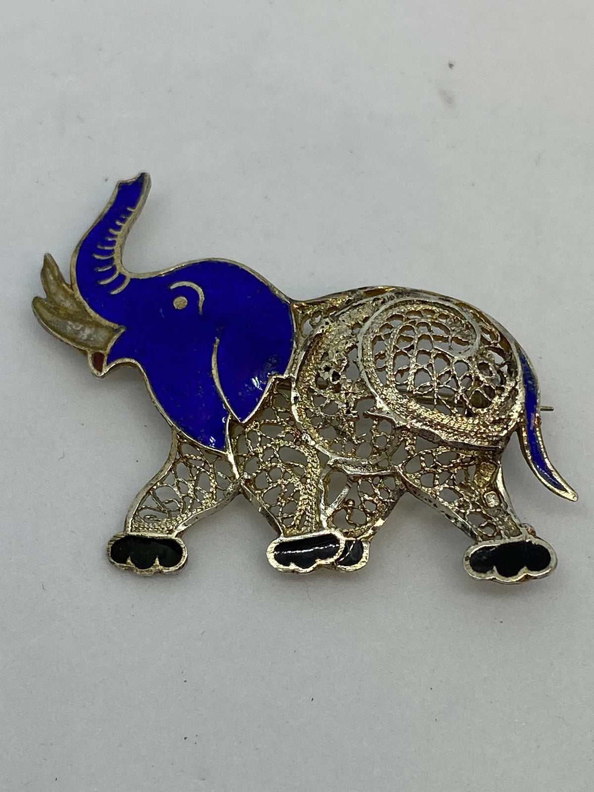 Handmade Sterling Silver And Blue Enamel Elephant Brooch