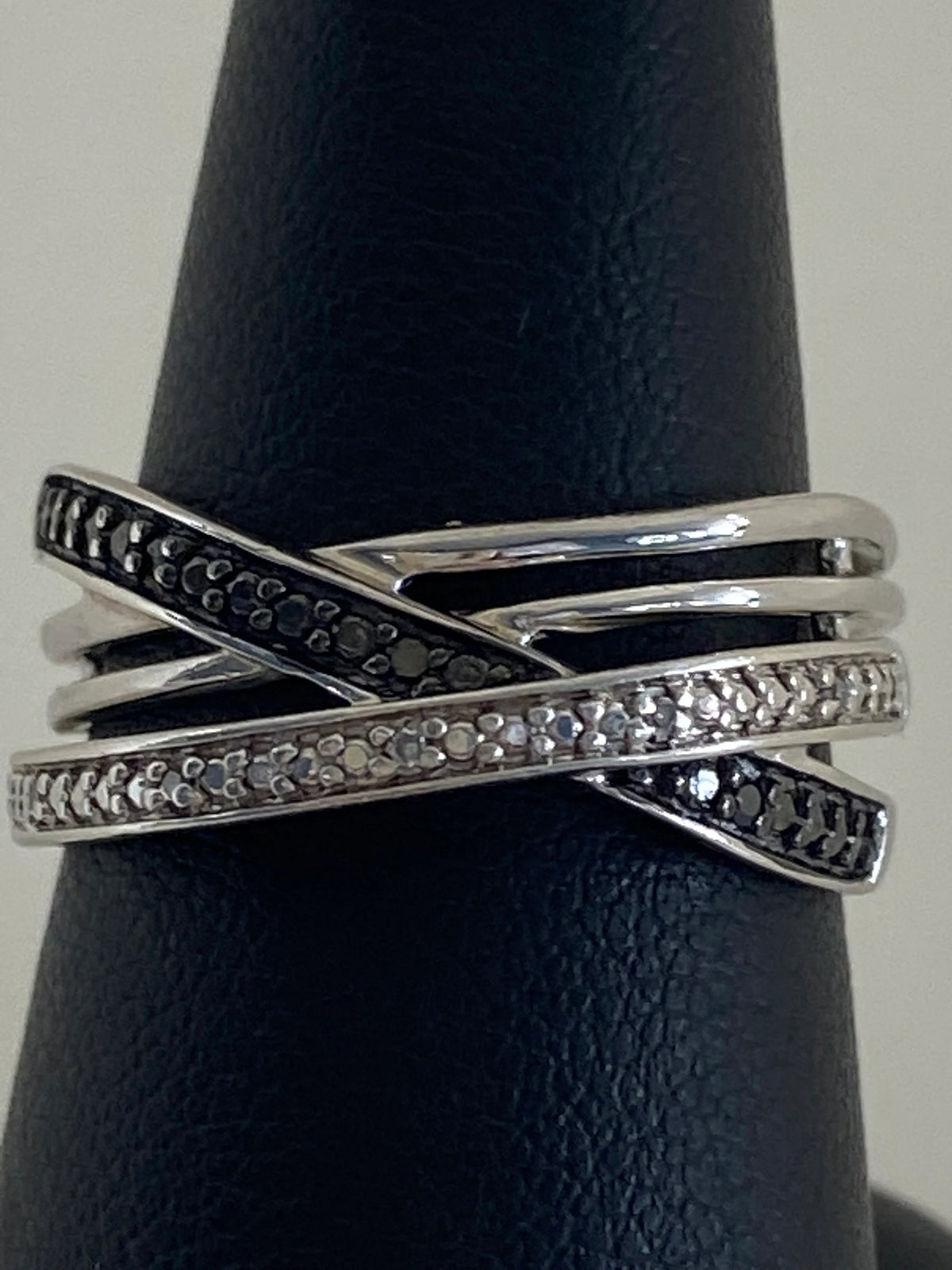 Sterling Silver Clear and Black Diamond Chip Bypass Ring