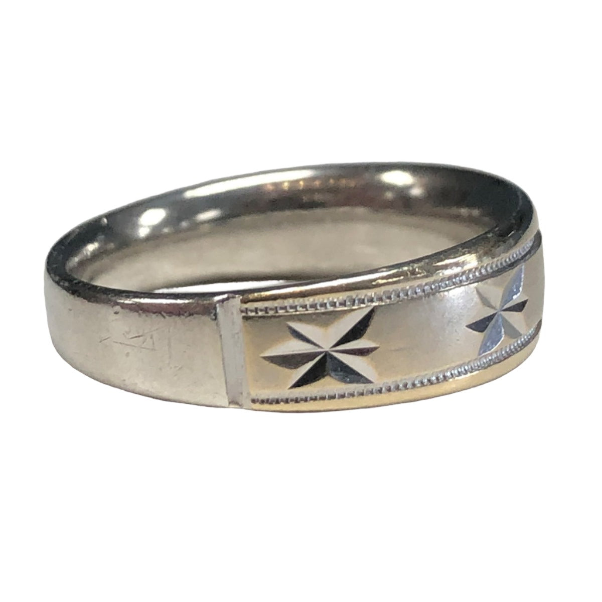Silver &amp; 14k Gold Engraved Star Ring