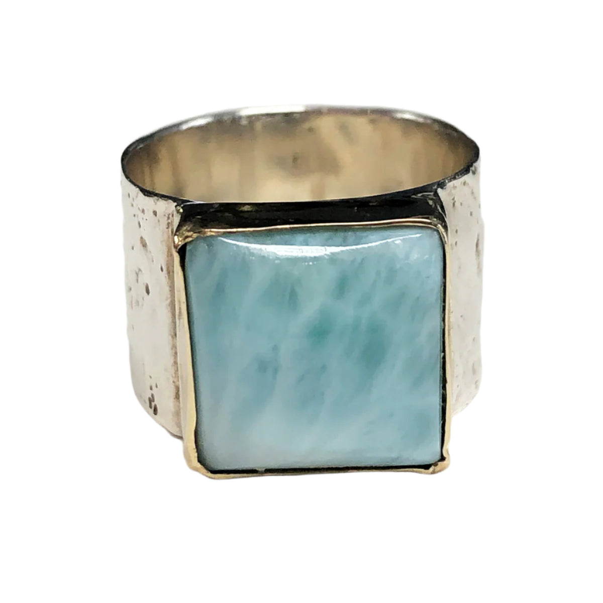 Silver &amp; 14k Gold Larimar Hammered Signet Ring