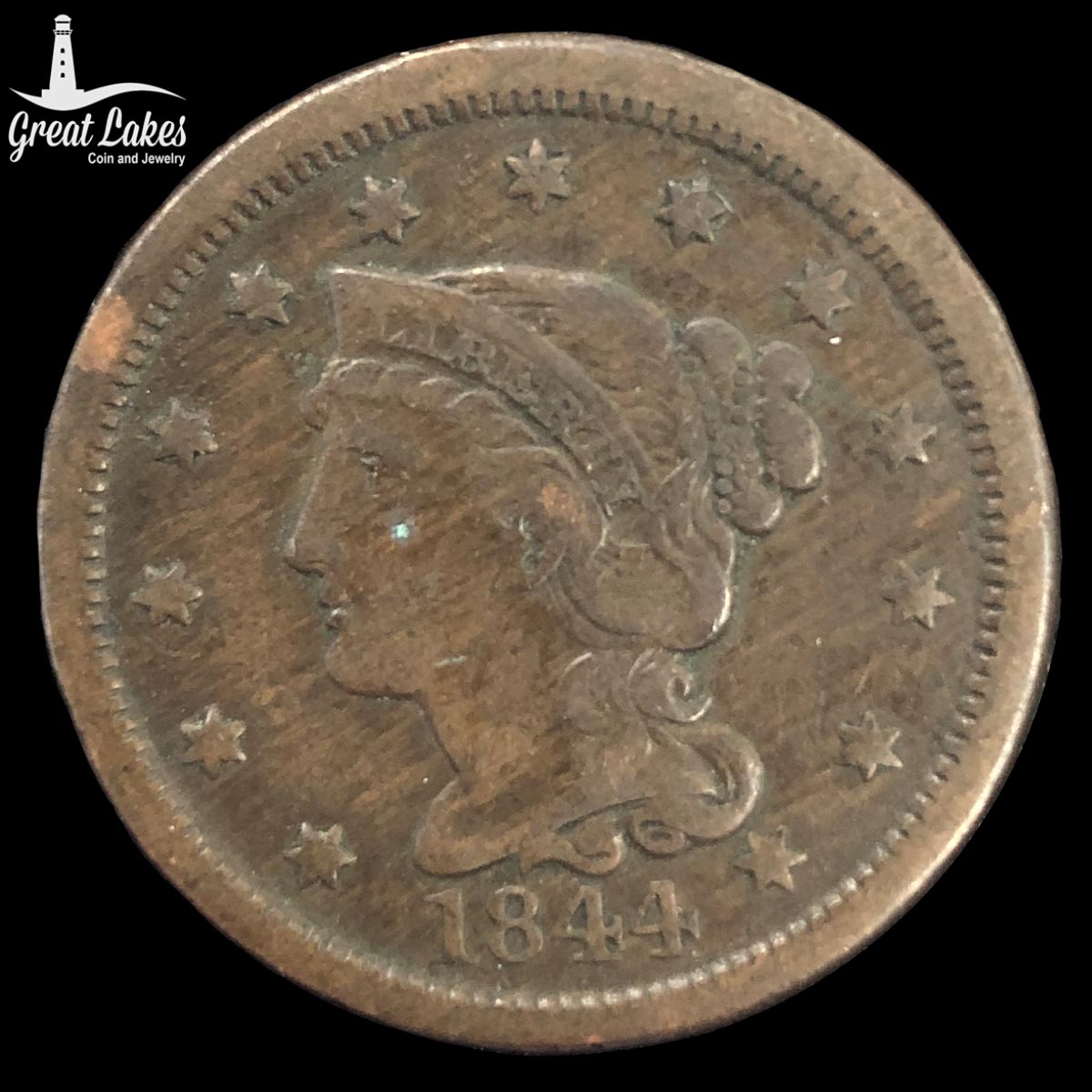 1844 Braided Hair Large Cent (VF Details)