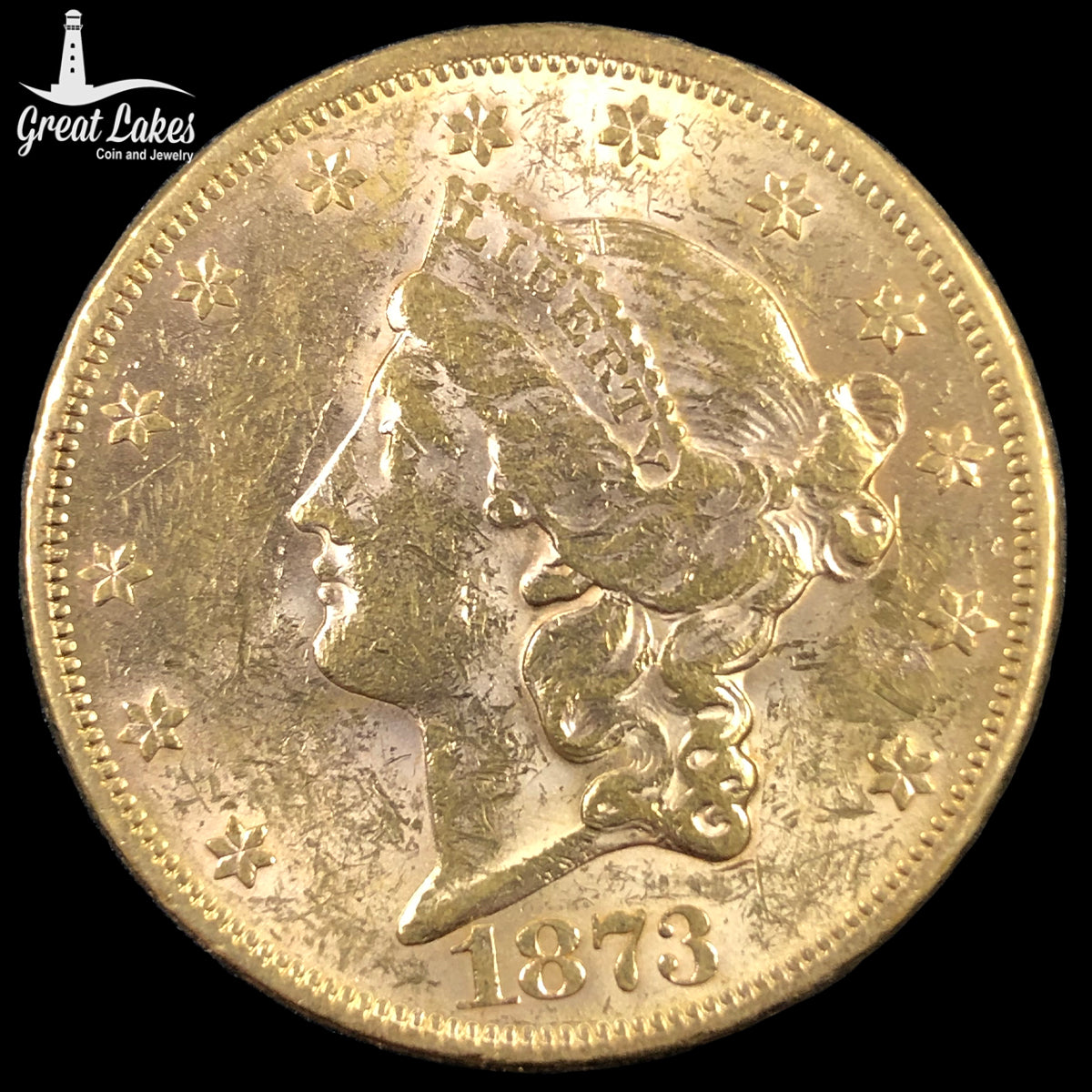 1873 Open 3 $20 Liberty Gold Double Eagle Type 2 Gold Coin (AU)