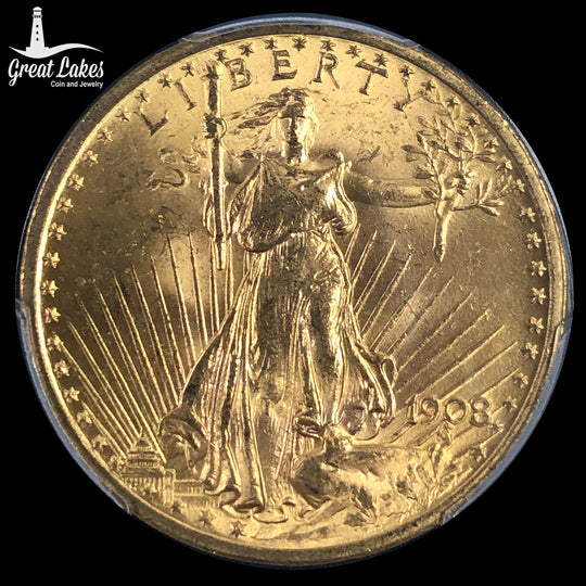 1908 No Motto $20 Saint Gaudens Double Eagle PCGS MS65