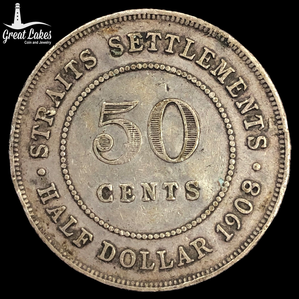 1908 Straits Settlement 50 Cents (VG) (Cleaned)