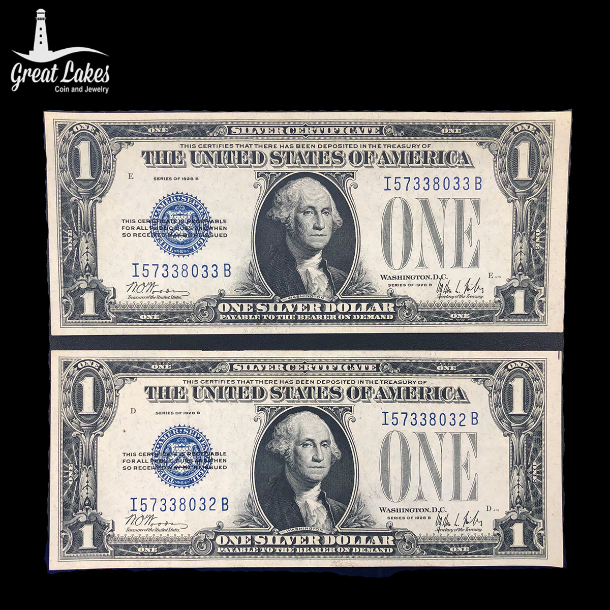 1928-B $1 Consecutive Serial Number Silver Certificate “Funnybacks” (XF)