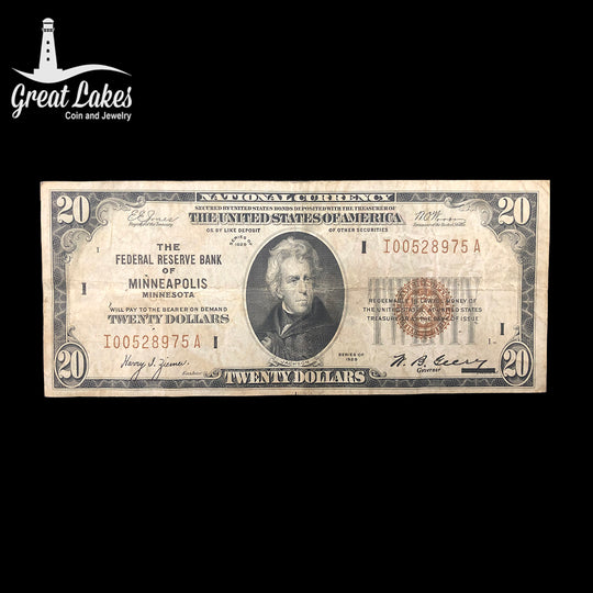 1929 $20 Federal Reserve Bank Note “Minneapolis” (VF) (Pinholes and Teller Stamp)