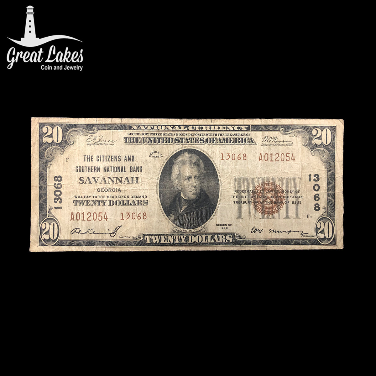 1929 $20 National Bank Note “The Citizens and Southern National Bank Savannah Georgia” Charter 13068 (F) (Edge Splits)