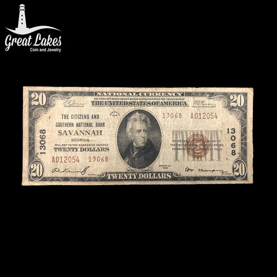 1929 $20 National Bank Note “The Citizens and Southern National Bank Savannah Georgia” Charter 13068 (F) (Edge Splits)