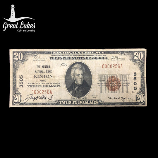1929 $20 National Bank Note “The Kenton National Bank Kenton OH” Charter 3505 (VF)