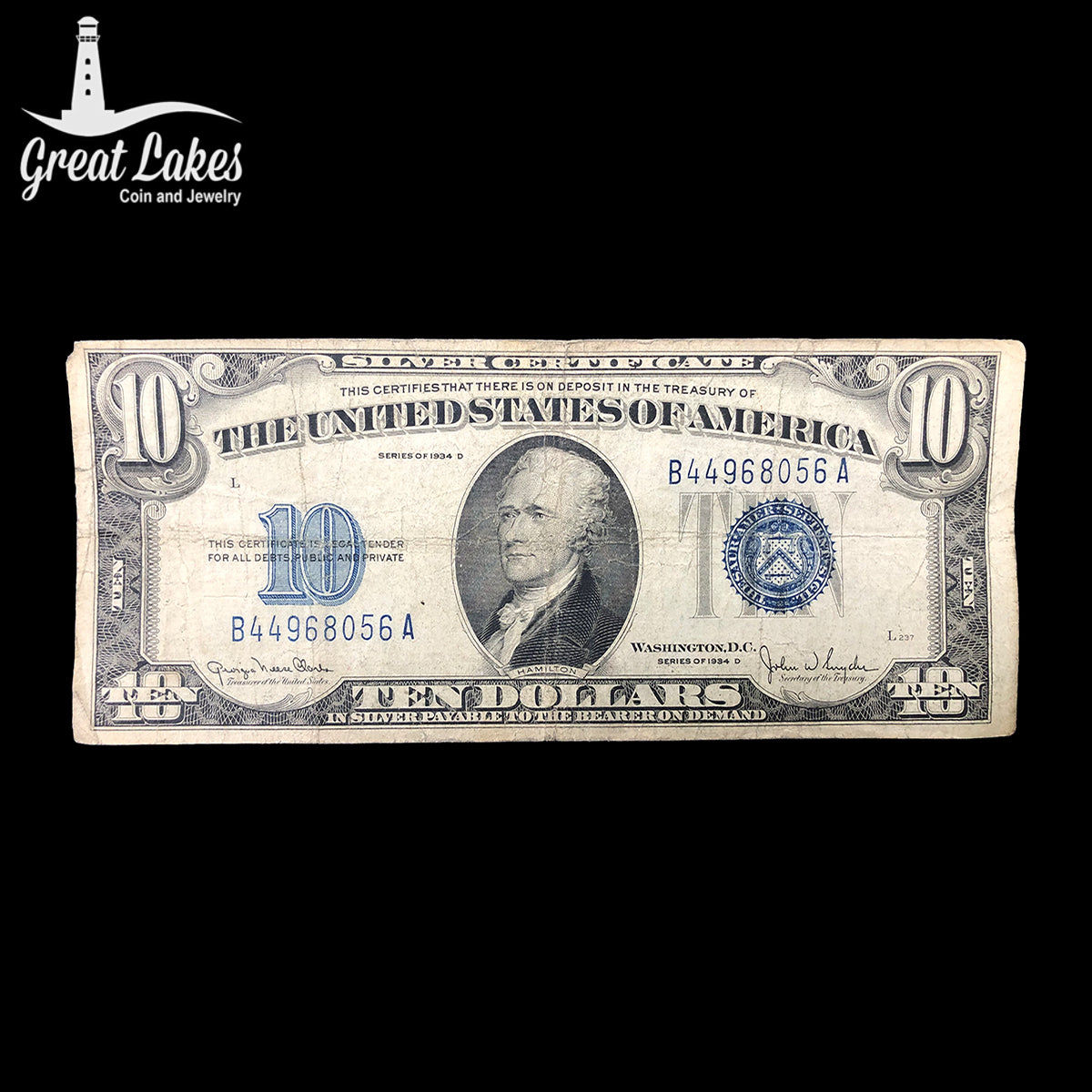 1934-D $10 Silver Certificate (F) (Corner tip missing)