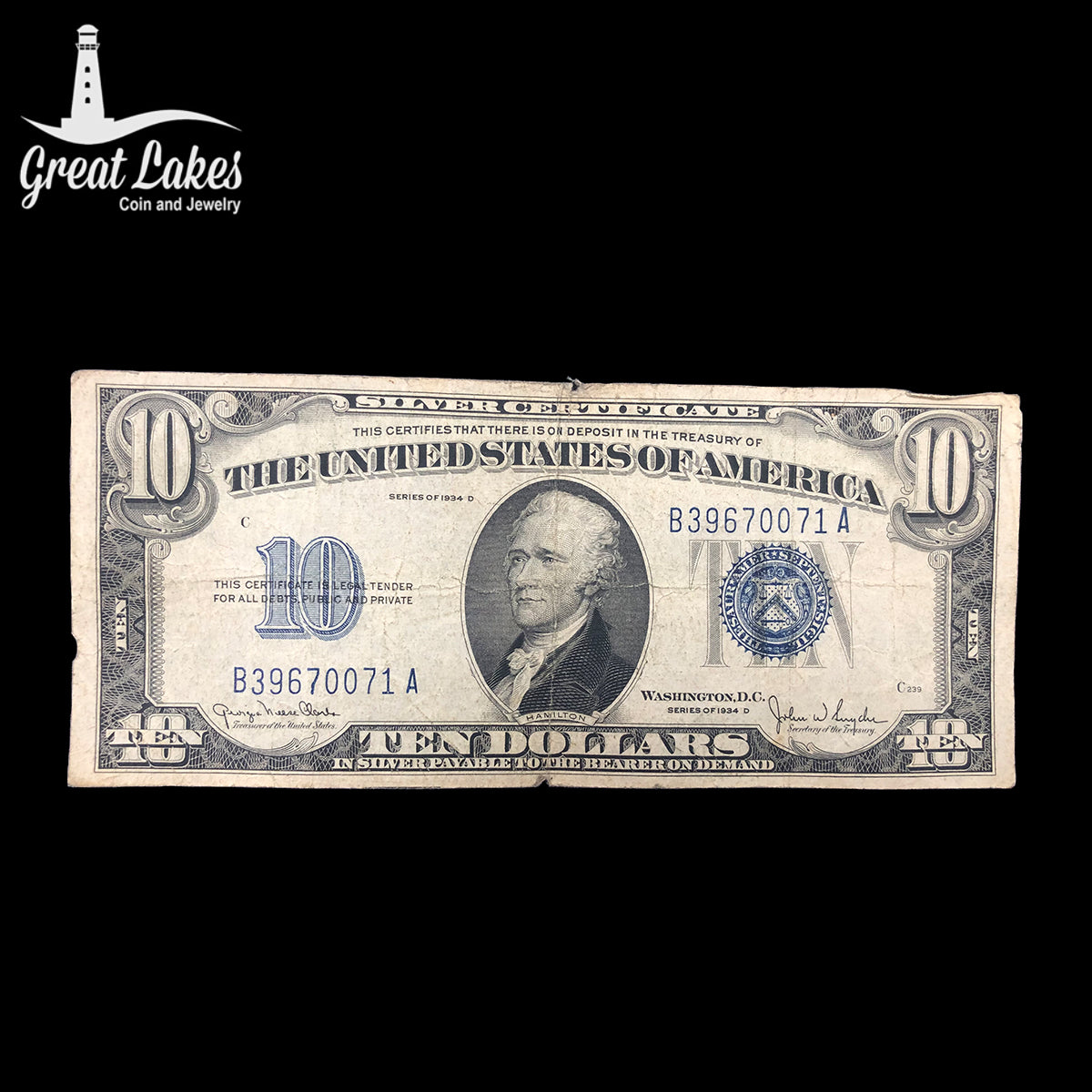 1934-D $10 Silver Certificate (F) (Edge Problems)