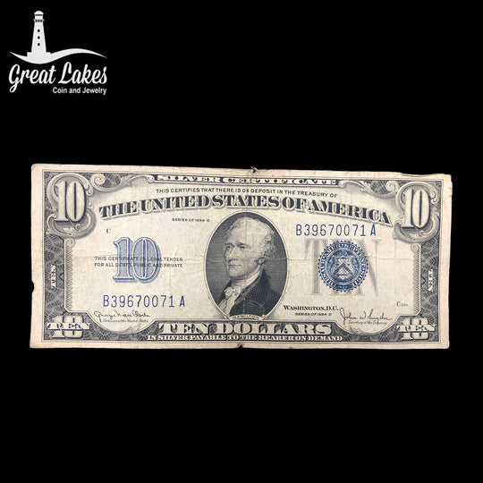 1934-D $10 Silver Certificate (F) (Edge Problems)
