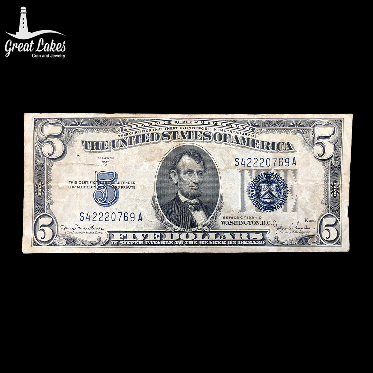 1934-D $5 Silver Certificate (VF) (Stained)