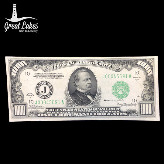 1934 A $1000 Federal Reserve Note (AU) (Pink Residue Reverse)