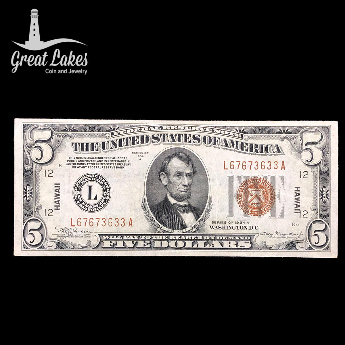1934 A $5 Hawaii Note (VF)
