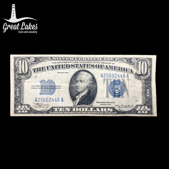 1934 $10 Silver Certificate (F) (Small Glue Residue Reverse)