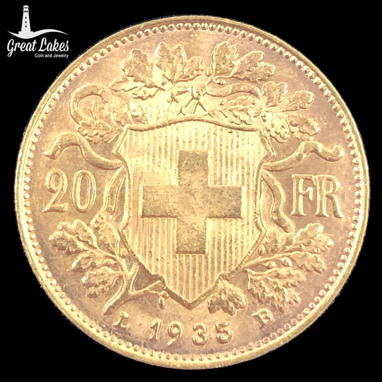1935 Swiss Gold 20 Francs Helvetia Coin (BU)