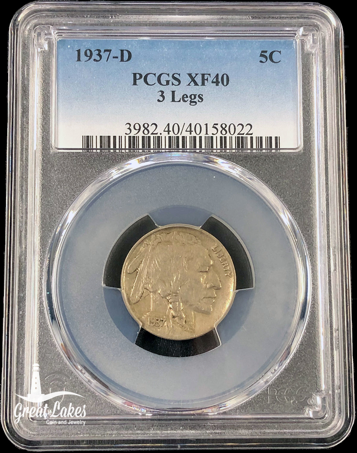 1937 D Buffalo Nickel 3 Legs PCGS XF40 Great Lakes Coin