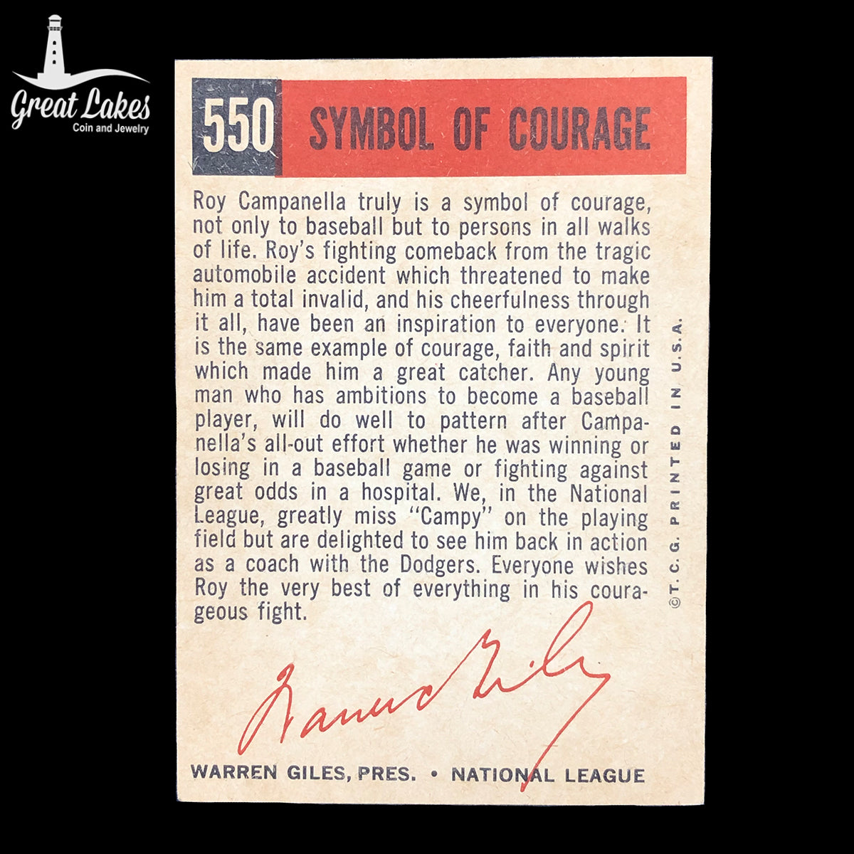1959 Topps Roy Campanella Card #550 “Symbol of Courage”