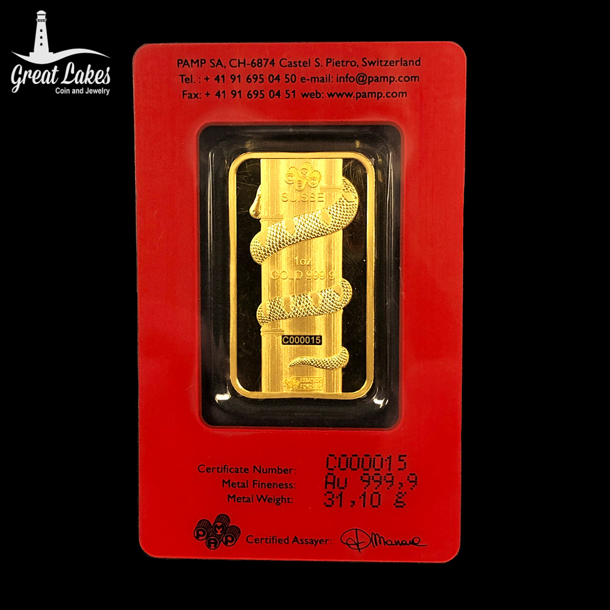 Pamp Suisse 2013 Lunar Year of the Snake 1 oz Gold Bar (In Assay)