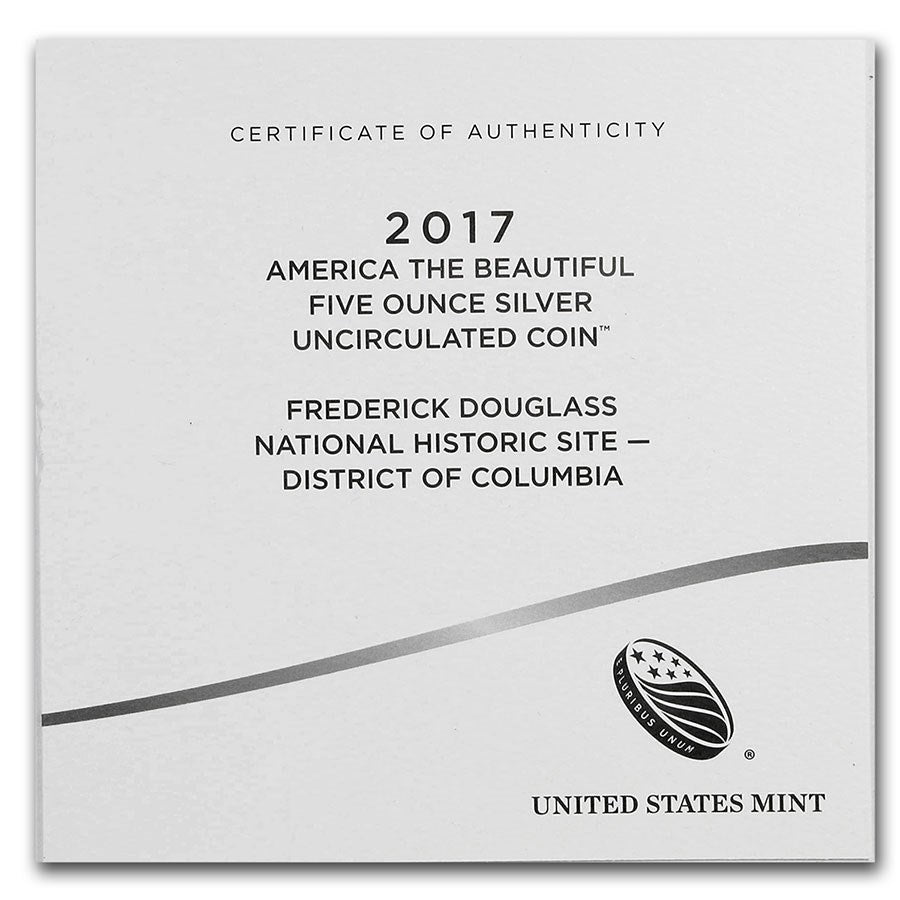 2017 America the Beautiful 5 oz Silver Frederick Douglass National Site (With Box &amp; CoA)