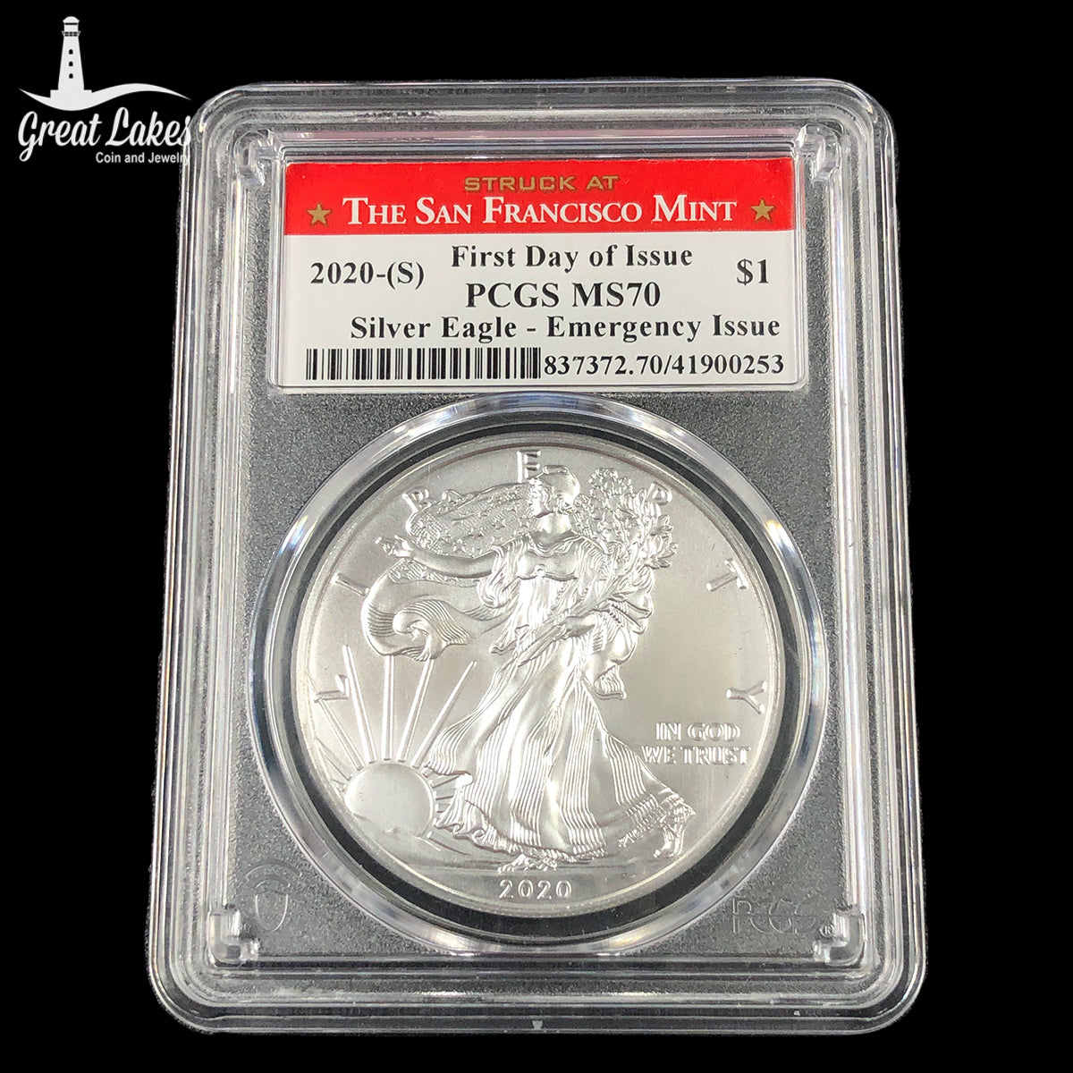 2020 (S) 1 oz Silver American Eagle $1 Coin PCGS MS 70 FDoI (SF Label) Emergency Issue