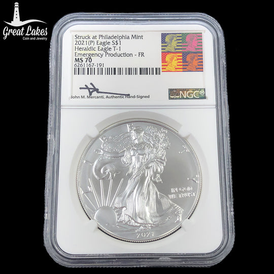 2021 (P) Heraldic T1 1 oz American Silver Eagle Emergency Production NGC MS70 Mercanti Signed