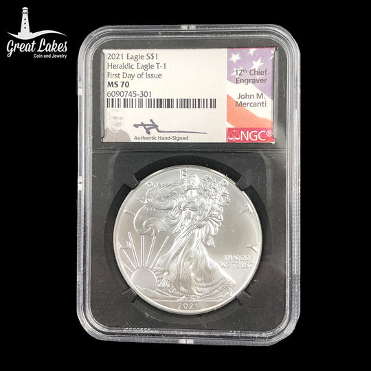 2021 1 oz American Silver Eagle Heraldic T1 NGC MS70 First Day of Issue Mercanti Heraldry
