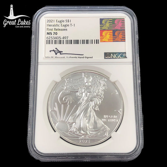2021 Heraldic 1 oz American Silver Eagle T1 NGC MS70 Mercanti Signed