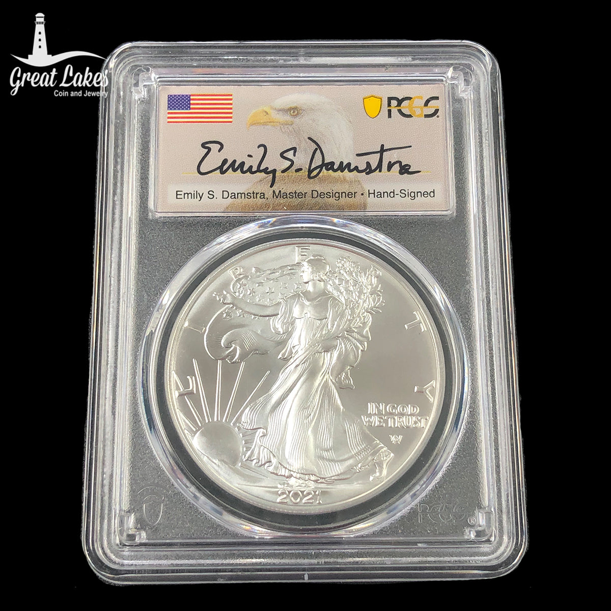 2021 1 oz American Silver Eagle T2 First Strike PCGS MS70 Emily Damstra Signed