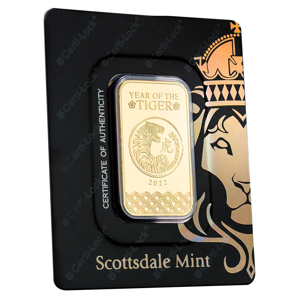 金，銀杯 Scottsdale Mint 2022 Year of the Tiger 1 oz Gold Bar - Great Lakes