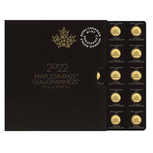2022 25 Gram Canadian Gold MapleGram (25 x 1g BUs with Assay)