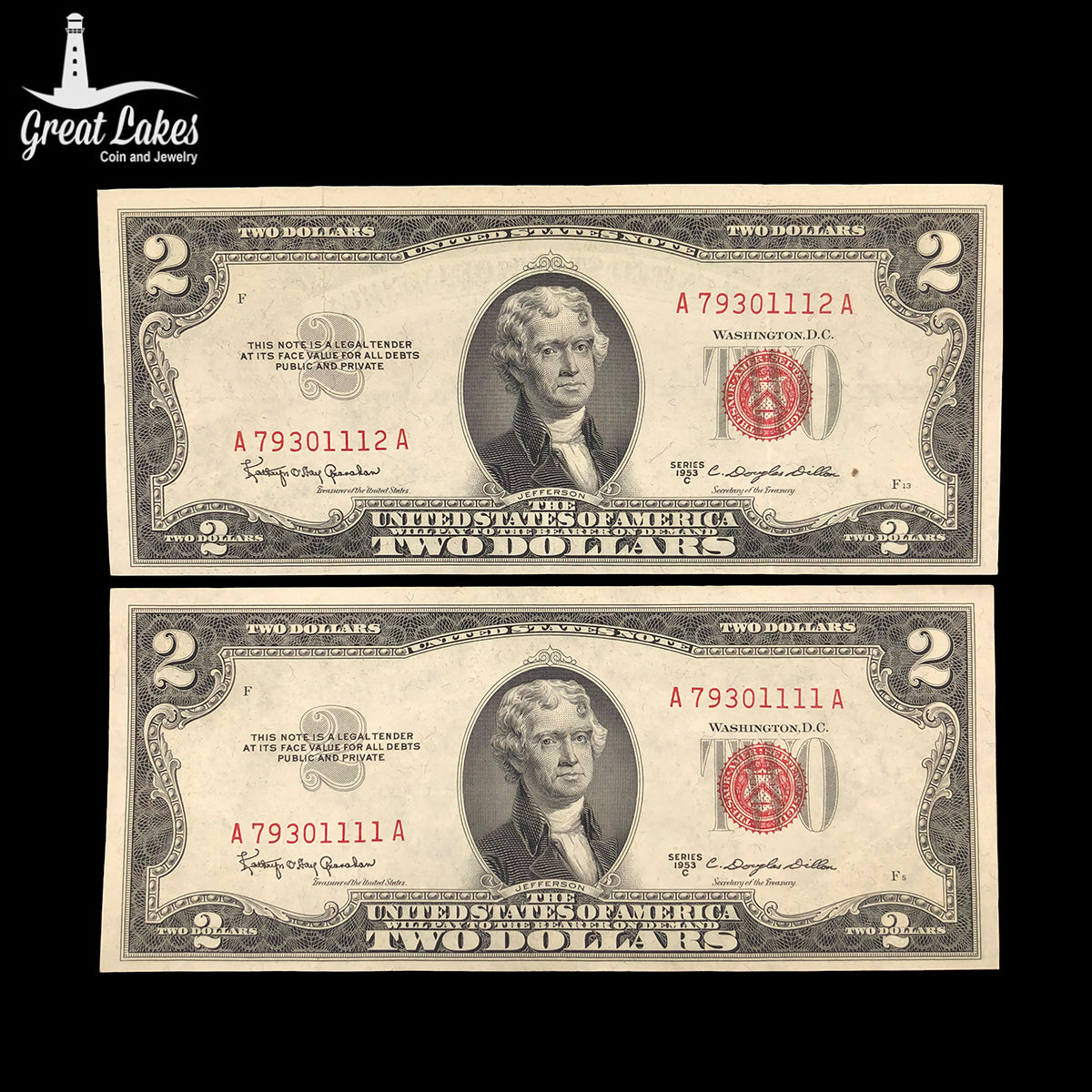 2 Consecutive 1953-C $2 Legal Tender (XF / AU)