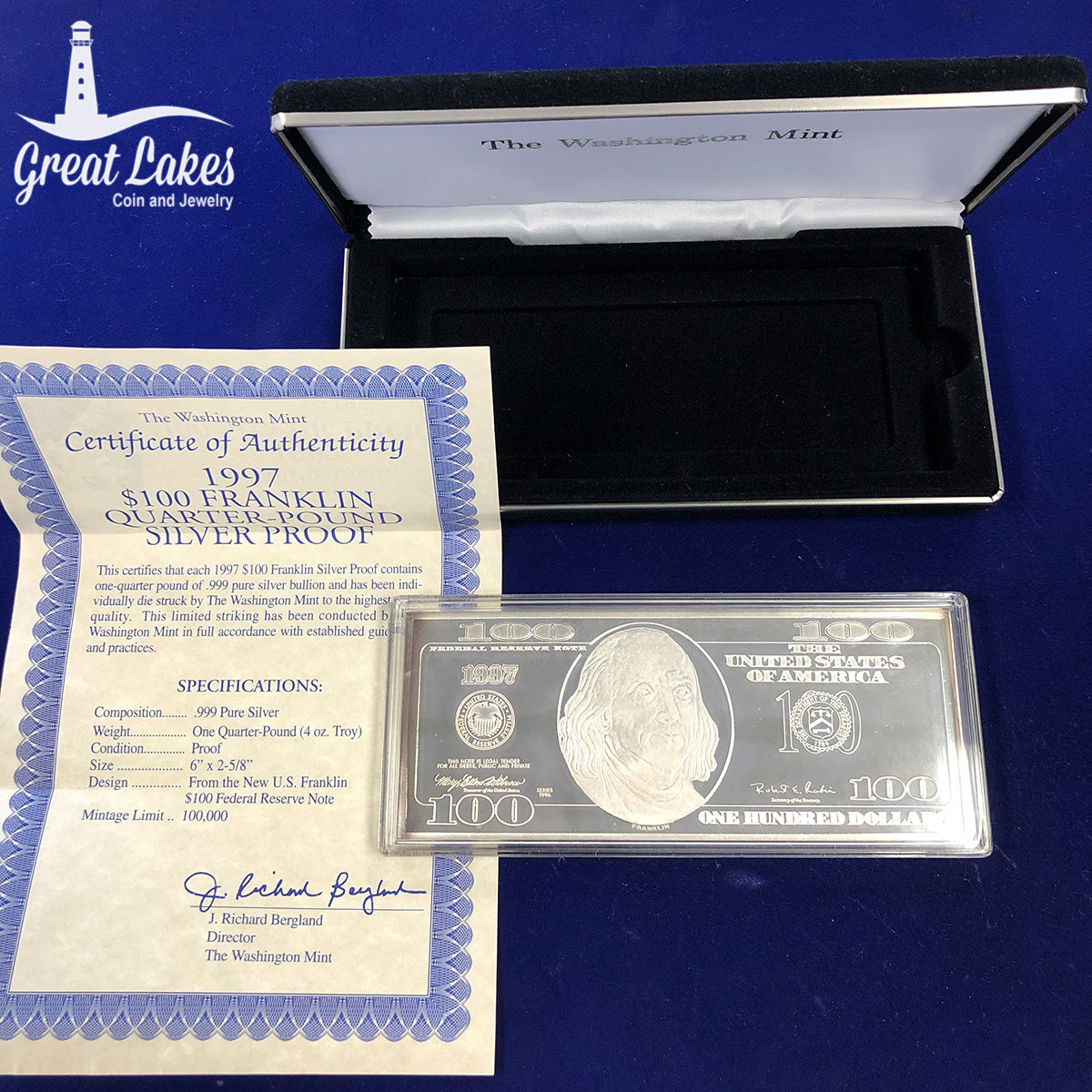 1997 Washington Mint 4 oz Silver Franklin $100 Bill (With Box &amp; CoA)