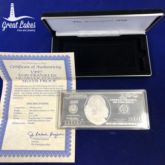1997 Washington Mint 4 oz Silver Franklin $100 Bill (With Box & CoA)