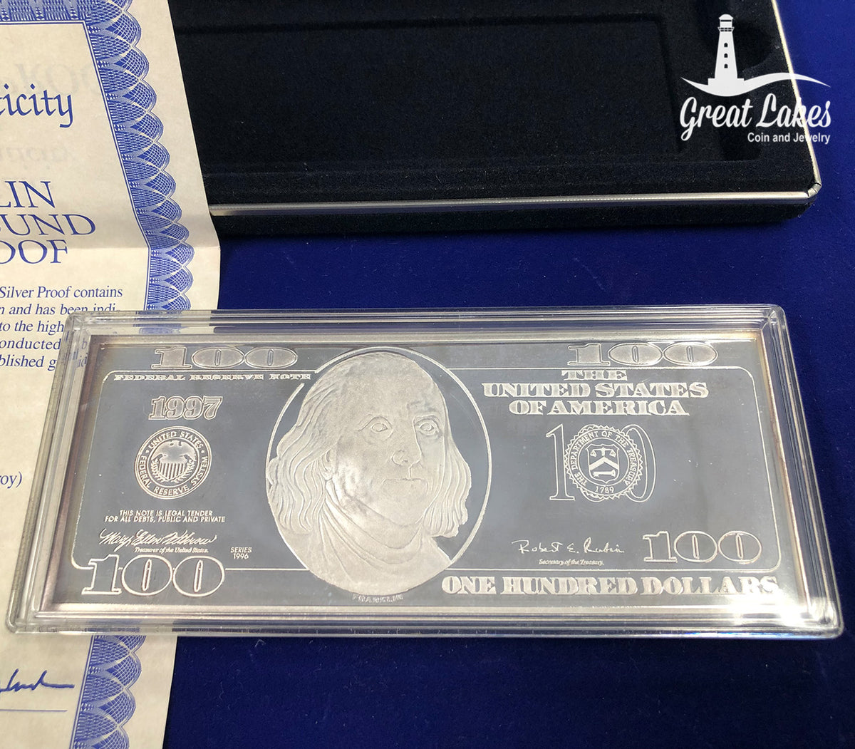 1997 Washington Mint 4 oz Silver Franklin $100 Bill (With Box &amp; CoA)