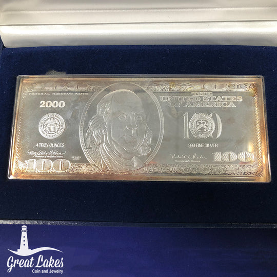 2000 $100 Franklin Bill 4 oz Silver Bar (with Box)