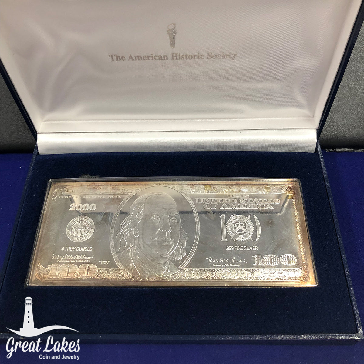 2000 $100 Franklin Bill 4 oz Silver Bar (with Box)