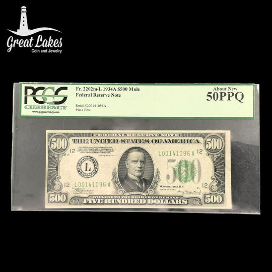 Fr. 2202m-L 1934 A $500 Mule Federal Reserve Note (PMG 50PPQ)