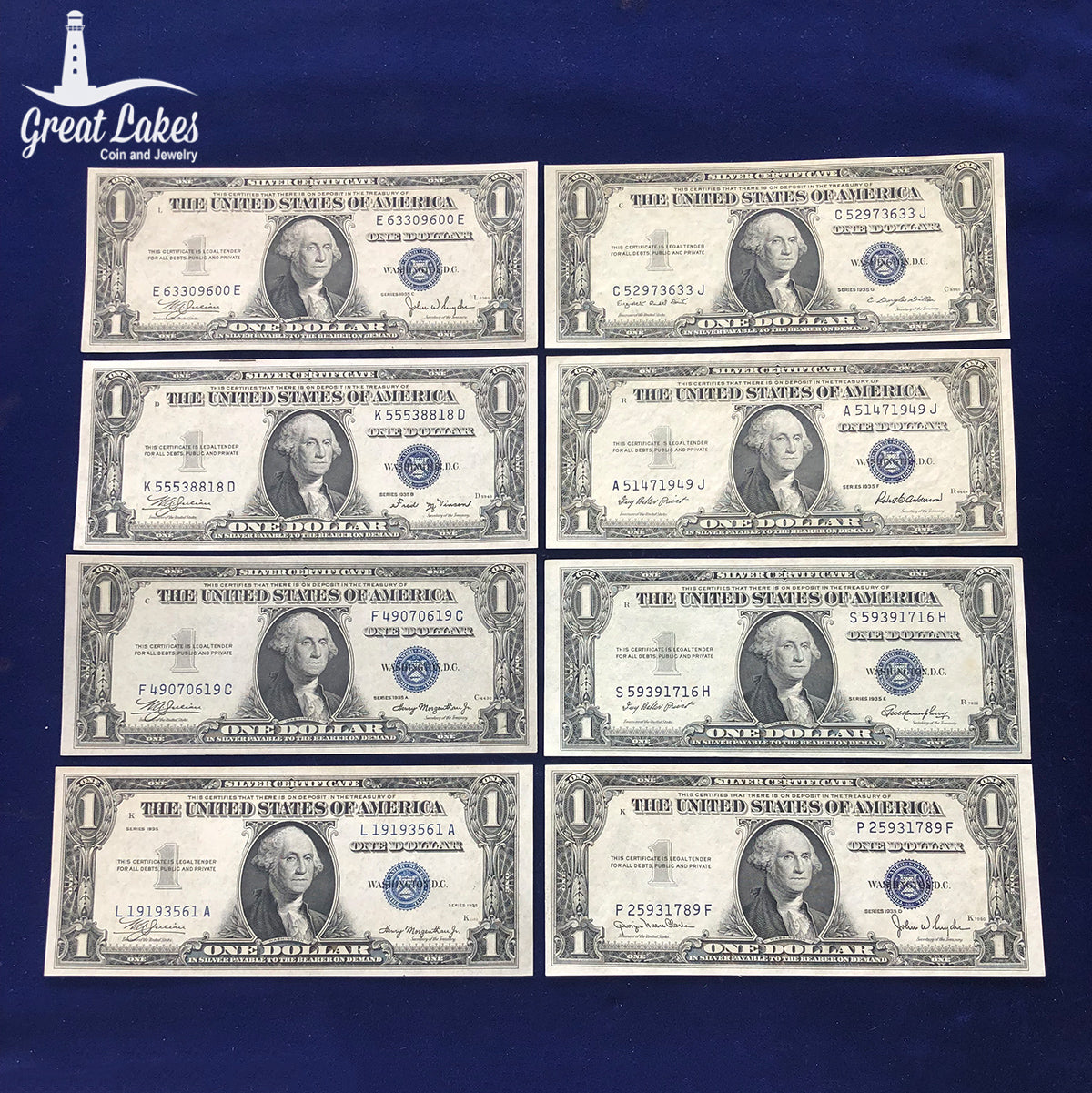 8 Note Set 1935 through 1935G $1 Silver Certificates (CU)