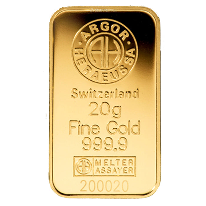 Argor Heraeus 20 g Gold Bar (In Assay)