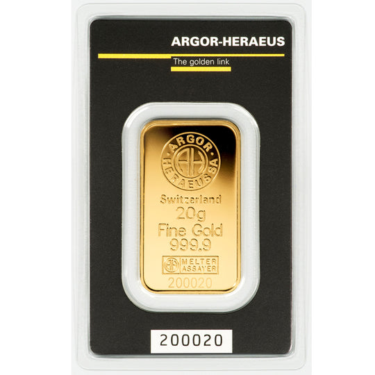 Argor Heraeus 20 g Gold Bar (In Assay)