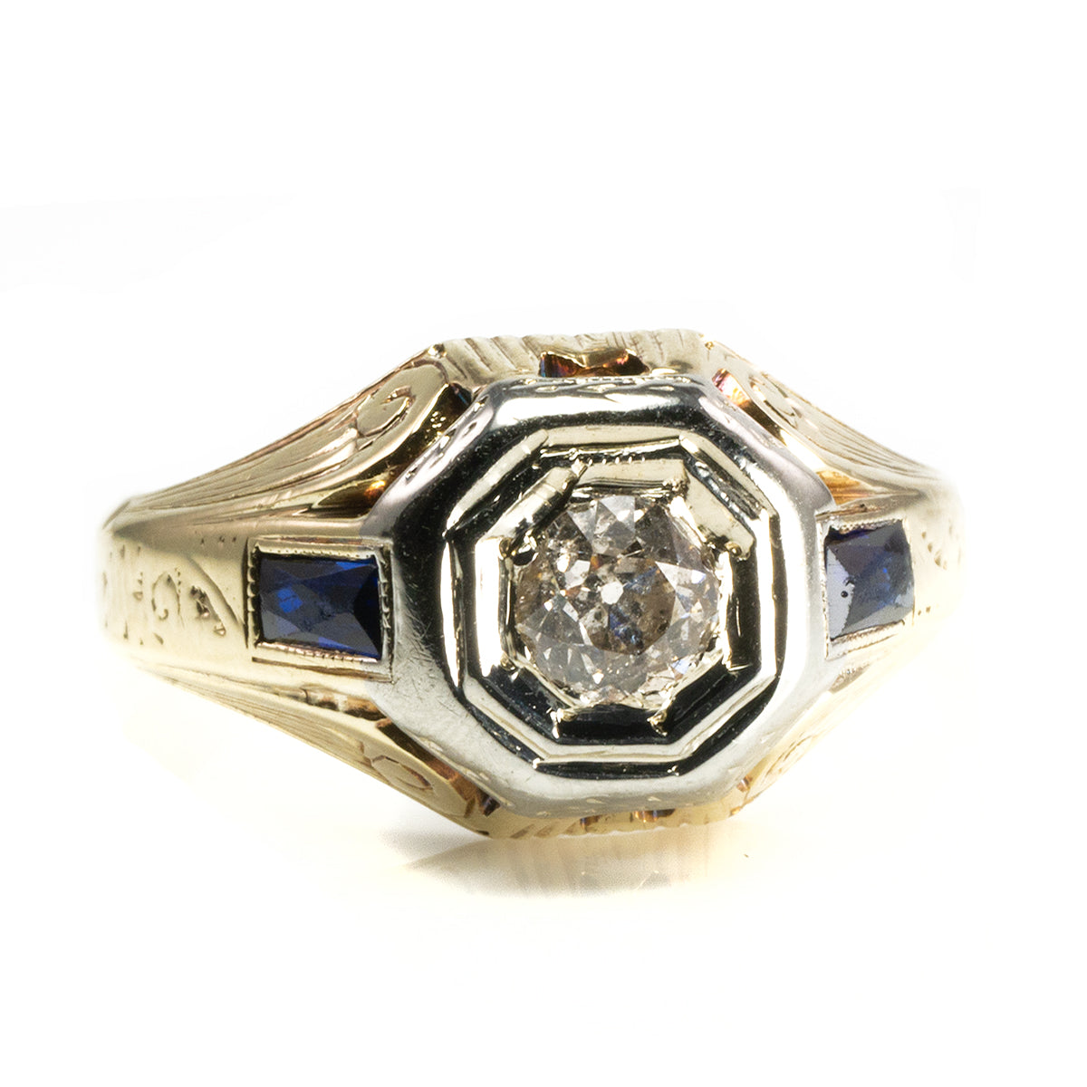 Great Lakes Boutique Vintage 14 k / 18 k Art Deco Diamond and Sapphire Ring
